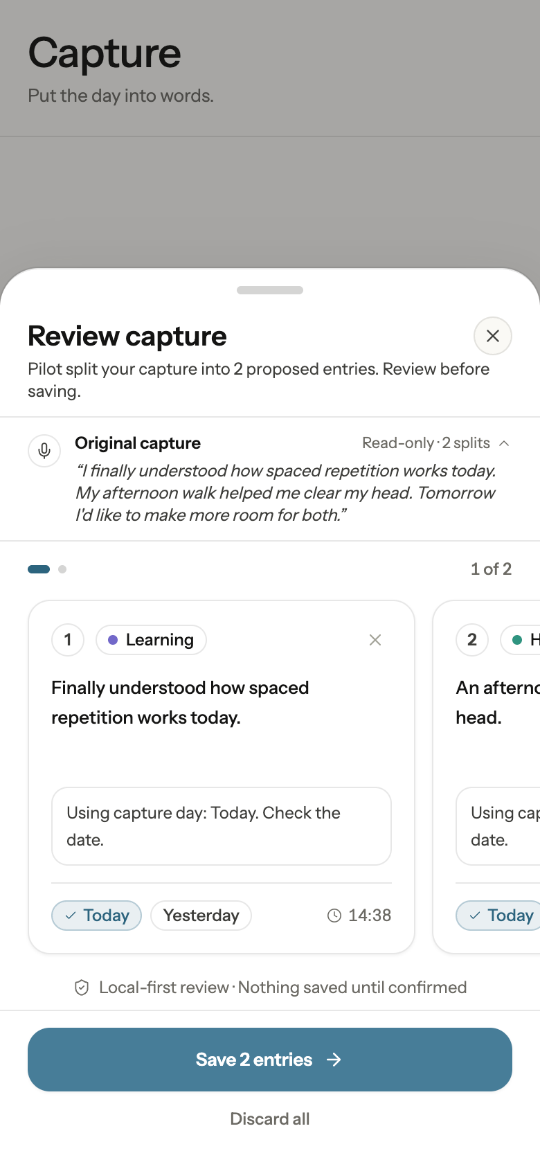 Voice Dump review screen with two diary drafts assigned to different domains.