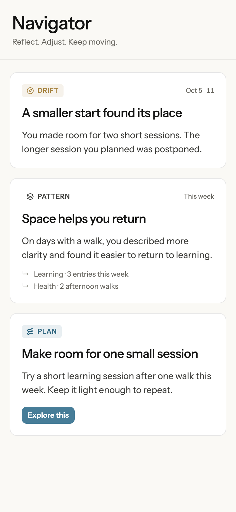 Navigator reflection preview showing a possible pattern and next step.