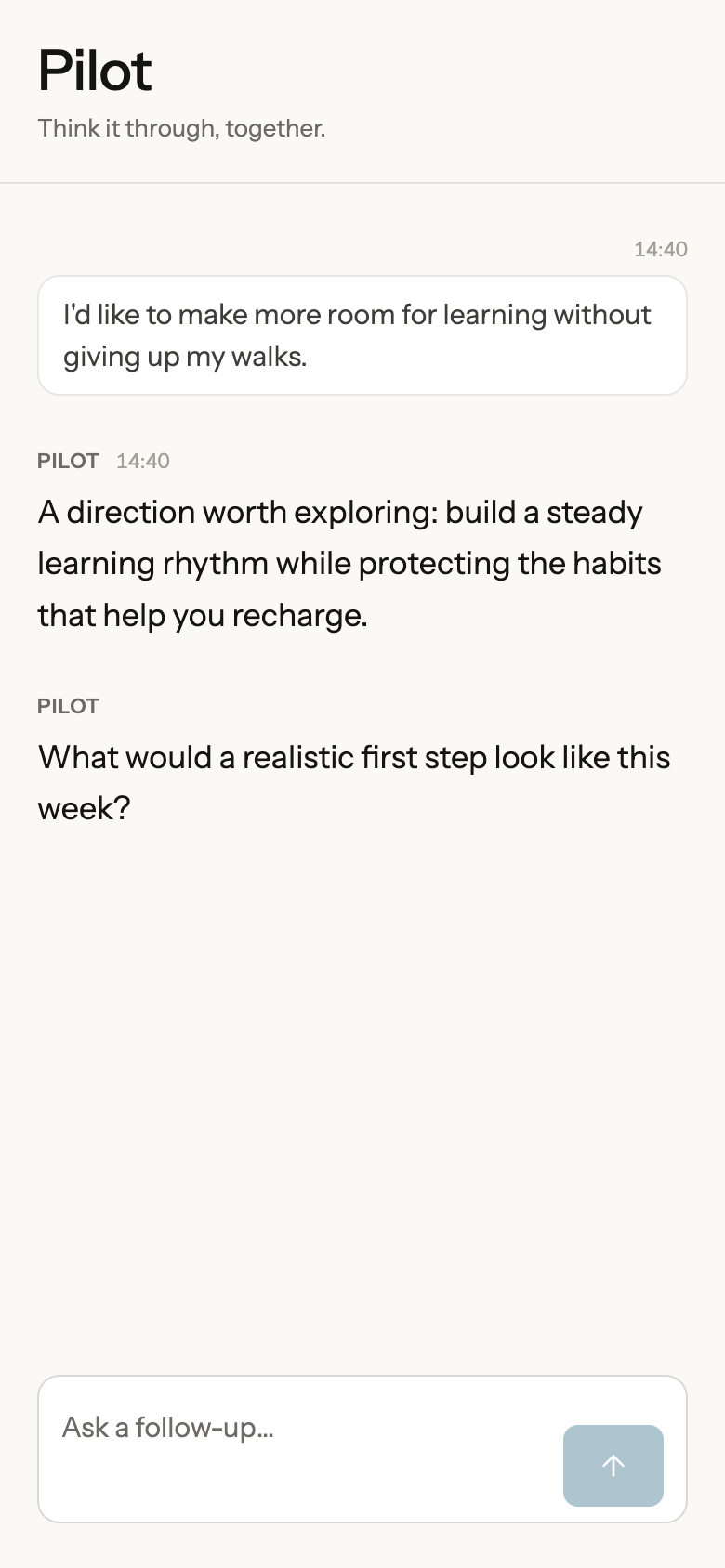 Pilot conversation preview with a question and a contextual assistant response.
